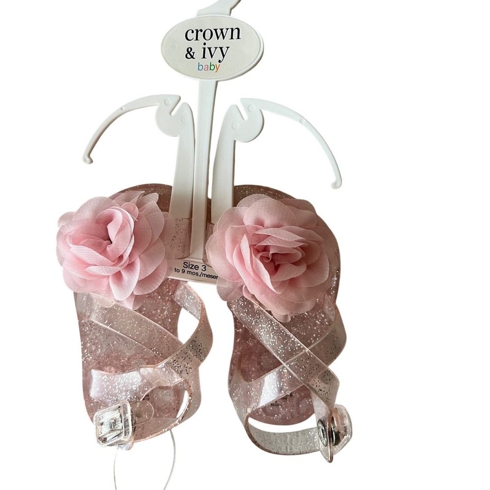 Crown & Ivy Baby Pink Glitter Jelly Sandals Rose Flower Size 3 6-9 Months NEW